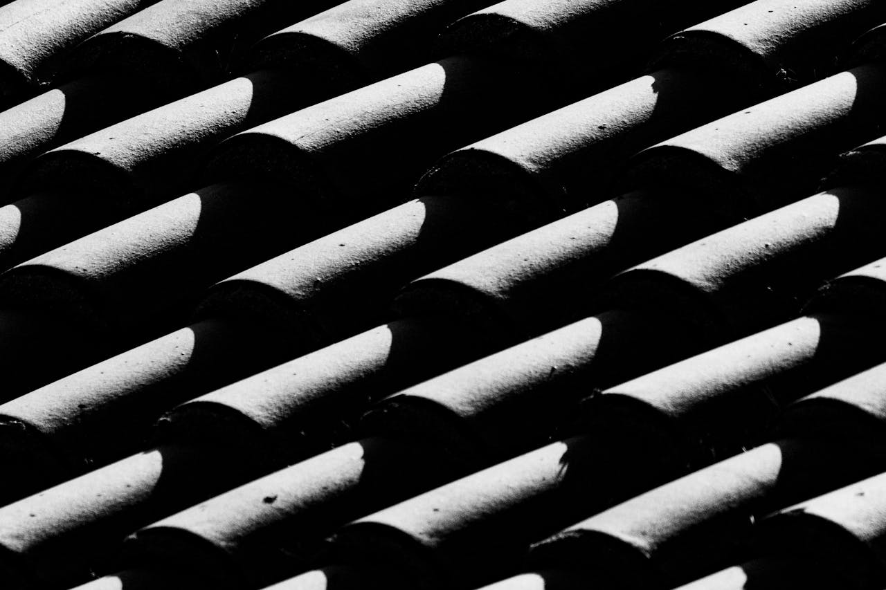 Dramatic black and white photo showcasing shadow patterns on roof tiles.